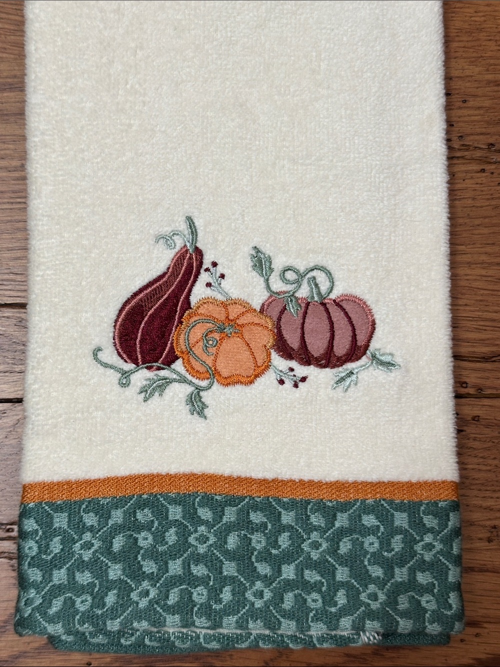 Celebrate Together Fall Embroidered Cream Hand Towel with Pumpkin Motif